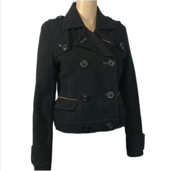 American Eagle Black Wool Blend Double Breasted Button Short Cut Pea Coat - Picture 2 of 16